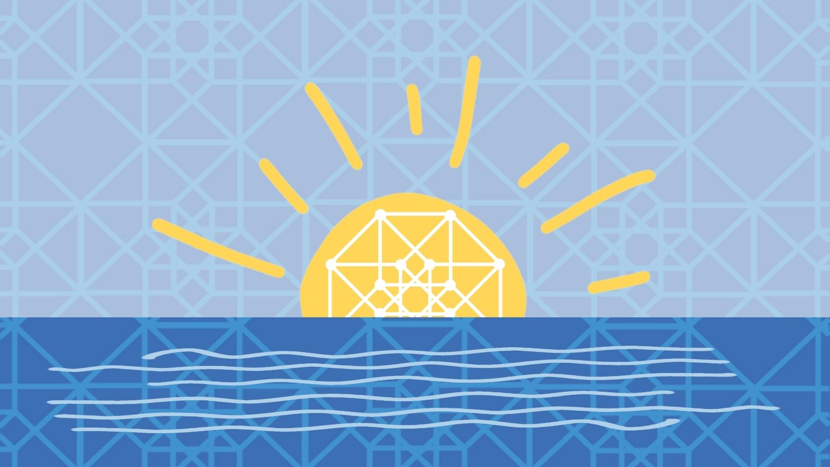 Illustration of summer sun setting over the ocean.